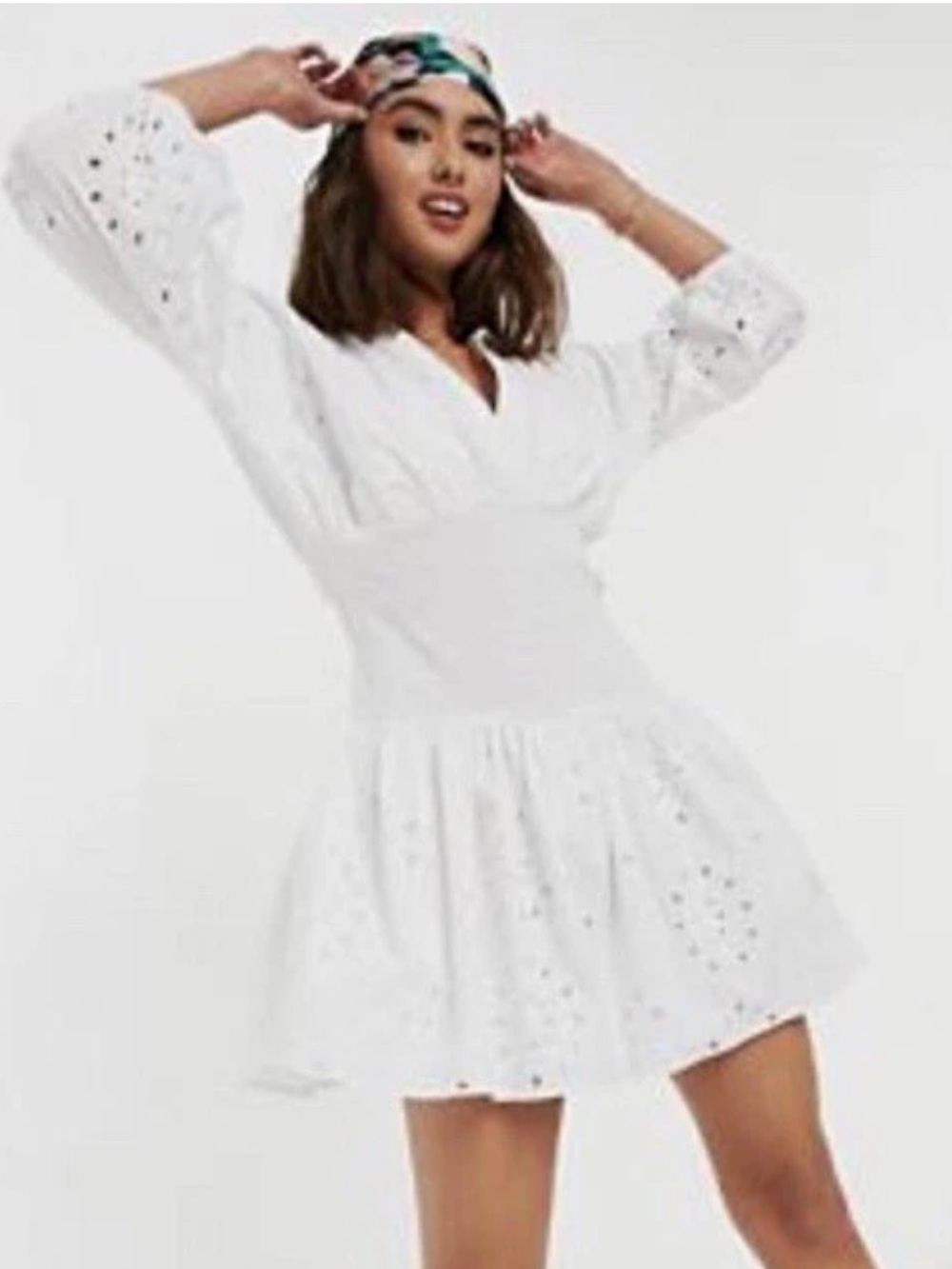 ASOS DESIGN White Eyelet Cotton
Smocked Waist Collared Puff
Sleeve Mini Sz 8